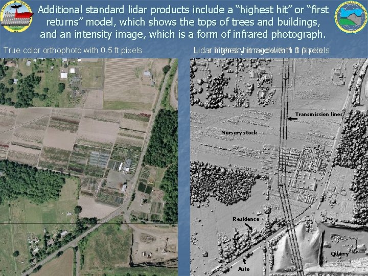 Additional standard lidar products include a “highest hit” or “first returns” model, which shows