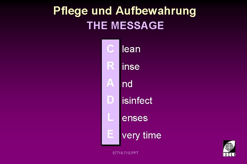 Pflege und Aufbewahrung THE MESSAGE C lean R inse A nd D isinfect L