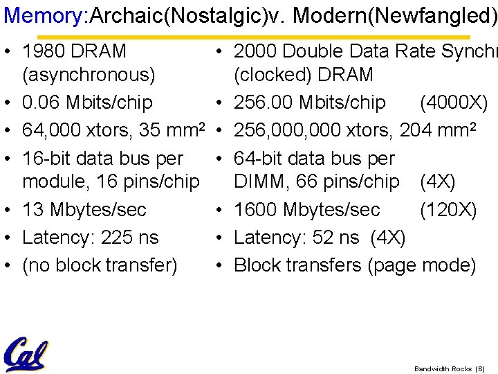 Memory: Archaic(Nostalgic)v. Modern(Newfangled) • 1980 DRAM (asynchronous) • 0. 06 Mbits/chip • 64, 000