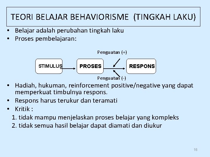 TEORI BELAJAR BEHAVIORISME (TINGKAH LAKU) • Belajar adalah perubahan tingkah laku • Proses pembelajaran: