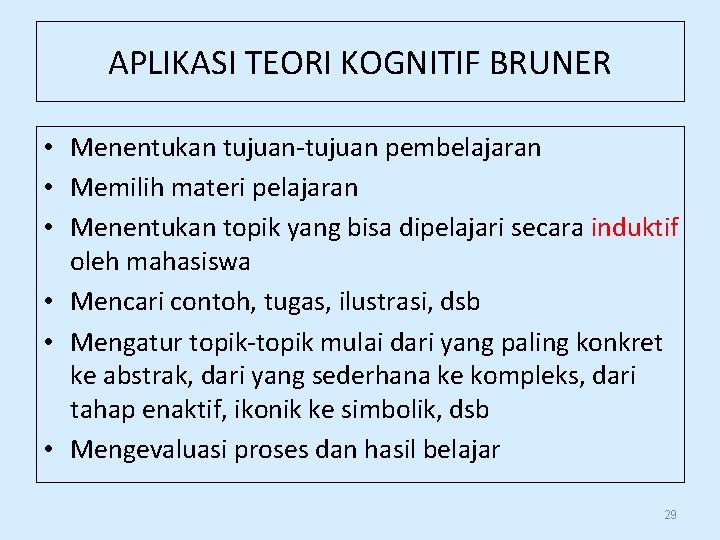 APLIKASI TEORI KOGNITIF BRUNER • Menentukan tujuan-tujuan pembelajaran • Memilih materi pelajaran • Menentukan