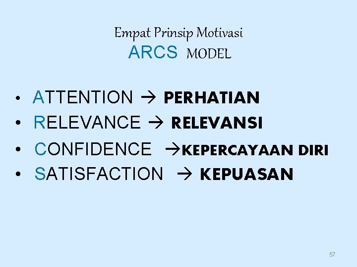 Empat Prinsip Motivasi ARCS MODEL • ATTENTION PERHATIAN • RELEVANCE RELEVANSI • CONFIDENCE KEPERCAYAAN