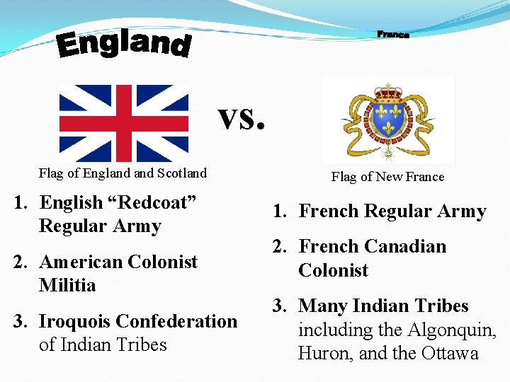 vs. Flag of England Scotland 1. English “Redcoat” Regular Army 2. American Colonist Militia vs. Flag of England Scotland 1. English “Redcoat” Regular Army 2. American Colonist Militia