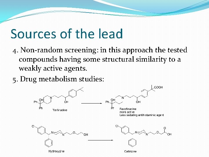 Sources of the lead 4. Non-random screening: in this approach the tested compounds having