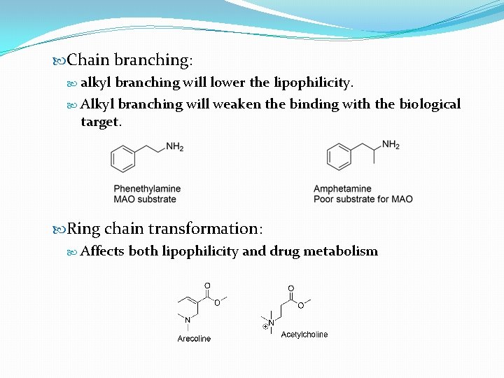  Chain branching: alkyl branching will lower the lipophilicity. Alkyl branching will weaken the