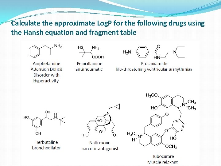 Calculate the approximate Log. P for the following drugs using the Hansh equation and