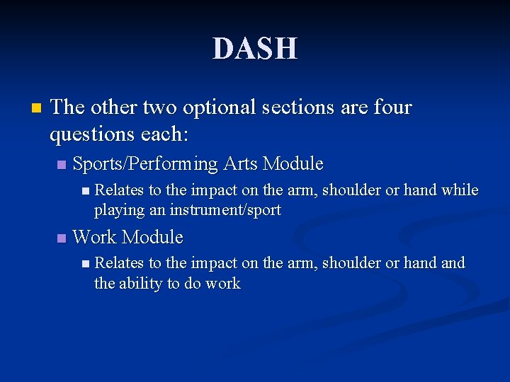 DASH n The other two optional sections are four questions each: n Sports/Performing Arts