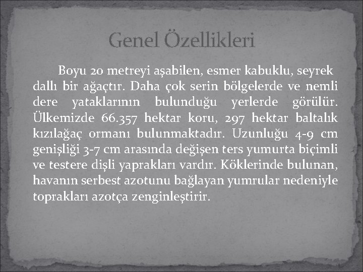 Genel Özellikleri Boyu 20 metreyi aşabilen, esmer kabuklu, seyrek dallı bir ağaçtır. Daha çok Genel Özellikleri Boyu 20 metreyi aşabilen, esmer kabuklu, seyrek dallı bir ağaçtır. Daha çok