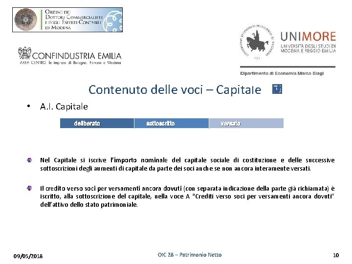 Contenuto delle voci – Capitale • A. I. Capitale deliberato sottoscritto versato Nel Capitale