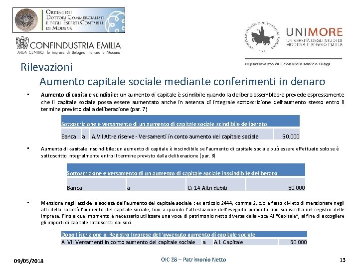 Rilevazioni Aumento capitale sociale mediante conferimenti in denaro • Aumento di capitale scindibile: un