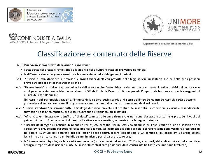 Classificazione e contenuto delle Riserve A. II. “Riserva da soprapprezzo delle azioni” si iscrivono: