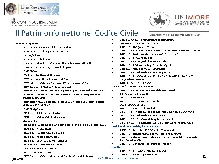 Il Patrimonio netto nel Codice Civile Delle società per azioni 2327 c. c. –