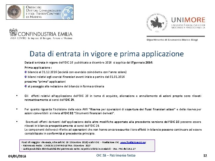 Data di entrata in vigore e prima applicazione Data di entrata in vigore dell’OIC