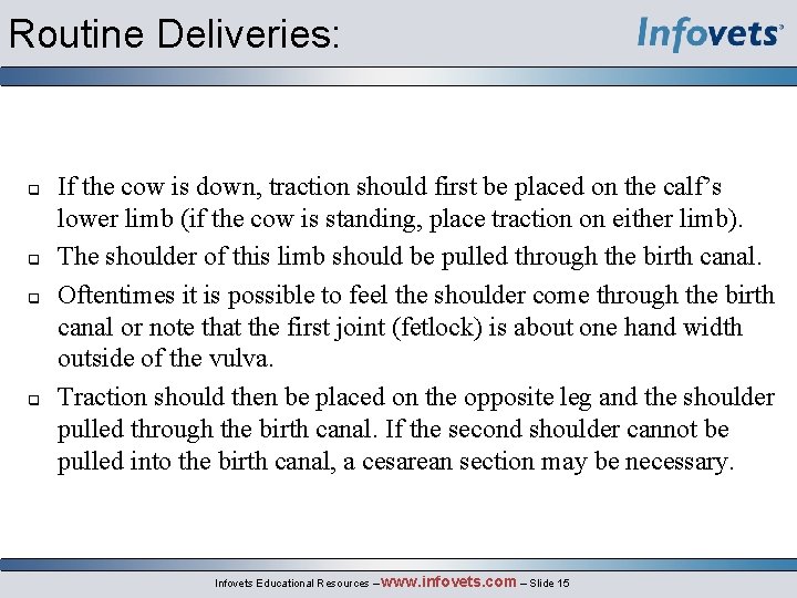 Routine Deliveries: q q If the cow is down, traction should first be placed