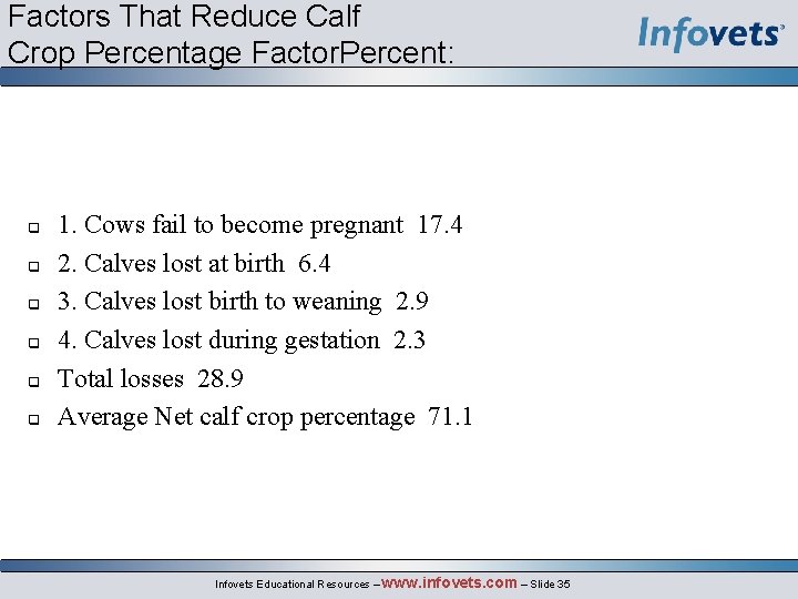 Factors That Reduce Calf Crop Percentage Factor. Percent: q q q 1. Cows fail