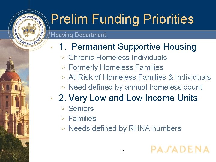 Prelim Funding Priorities Housing Department • 1. Permanent Supportive Housing Chronic Homeless Individuals >