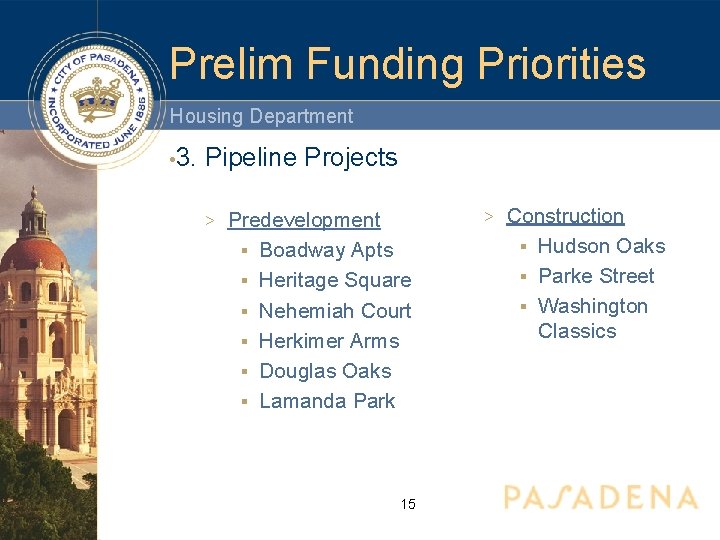 Prelim Funding Priorities Housing Department • 3. Pipeline Projects > Predevelopment § Boadway Apts