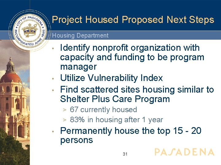 Project Housed Proposed Next Steps Housing Department • • • Identify nonprofit organization with