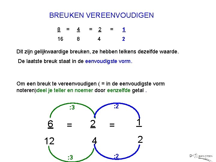 BREUKEN VEREENVOUDIGEN 8 = 16 4 = 8 2 = 1 4 2 Dit