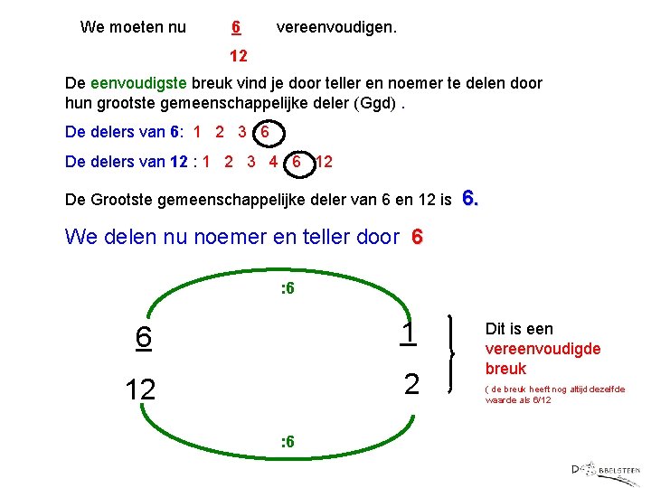 We moeten nu 6 vereenvoudigen. 12 De eenvoudigste breuk vind je door teller en