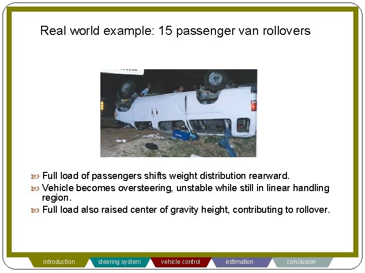 Real world example: 15 passenger van rollovers Full load of passengers shifts weight distribution
