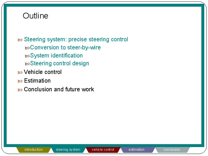 Outline Steering system: precise steering control Conversion to steer-by-wire System identification Steering control design