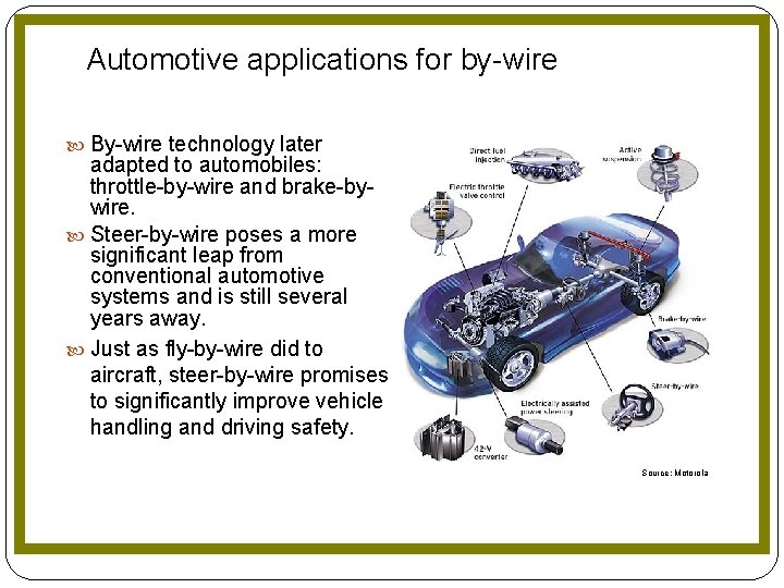 Automotive applications for by-wire By-wire technology later adapted to automobiles: throttle-by-wire and brake-bywire. Steer-by-wire