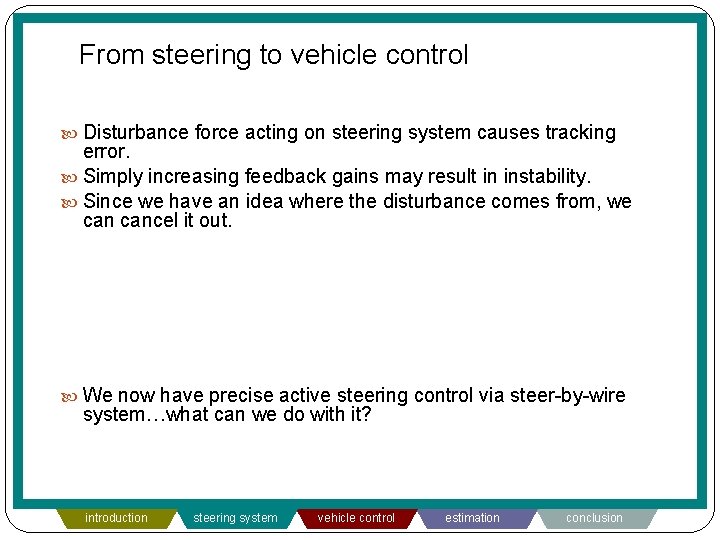 From steering to vehicle control Disturbance force acting on steering system causes tracking error.