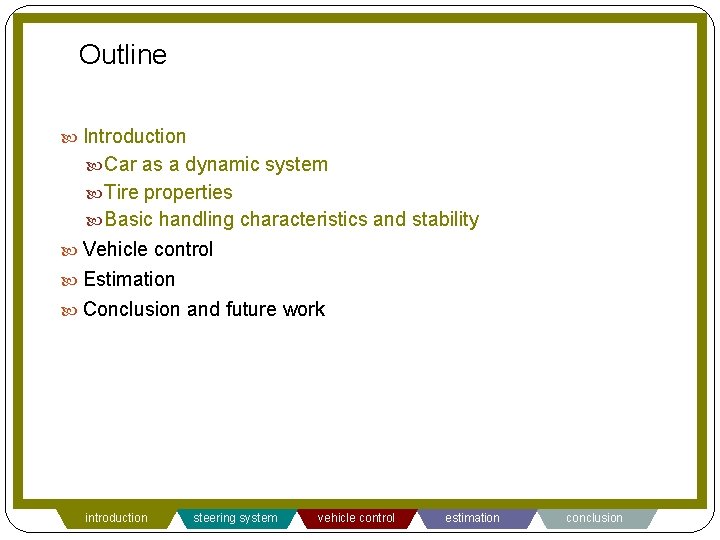 Outline Introduction Car as a dynamic system Tire properties Basic handling characteristics and stability