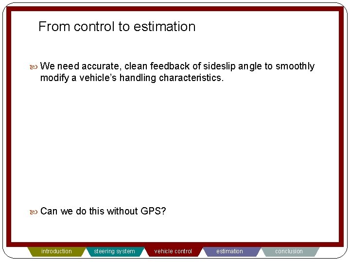 From control to estimation We need accurate, clean feedback of sideslip angle to smoothly