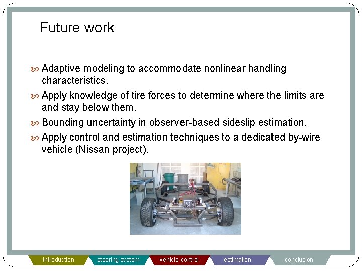 Future work Adaptive modeling to accommodate nonlinear handling characteristics. Apply knowledge of tire forces