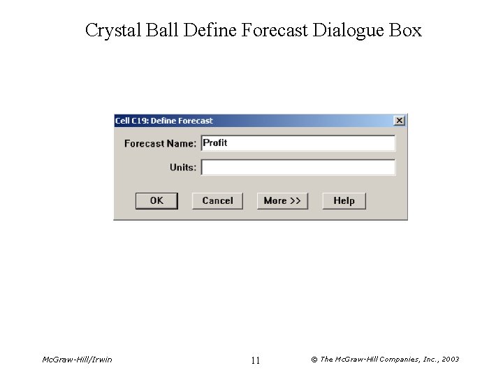 Crystal Ball Define Forecast Dialogue Box Mc. Graw-Hill/Irwin 11 © The Mc. Graw-Hill Companies,