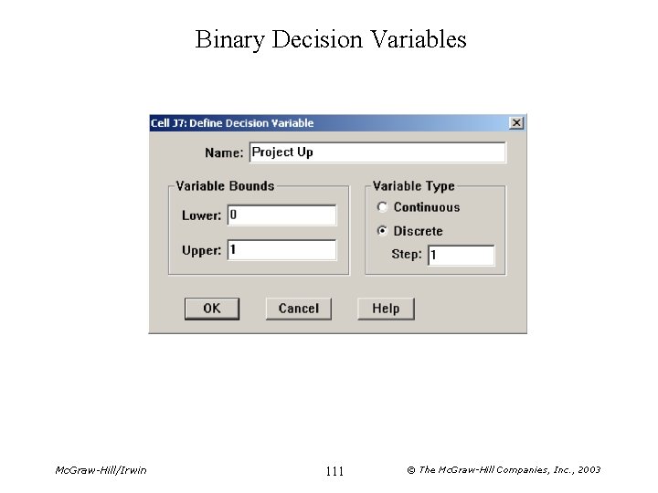 Binary Decision Variables Mc. Graw-Hill/Irwin 111 © The Mc. Graw-Hill Companies, Inc. , 2003