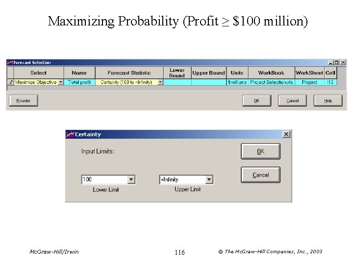 Maximizing Probability (Profit ≥ $100 million) Mc. Graw-Hill/Irwin 116 © The Mc. Graw-Hill Companies,