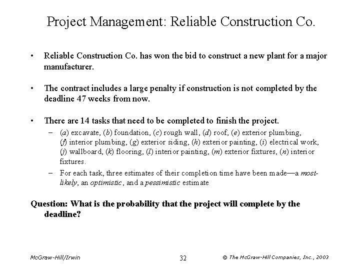 Project Management: Reliable Construction Co. • Reliable Construction Co. has won the bid to