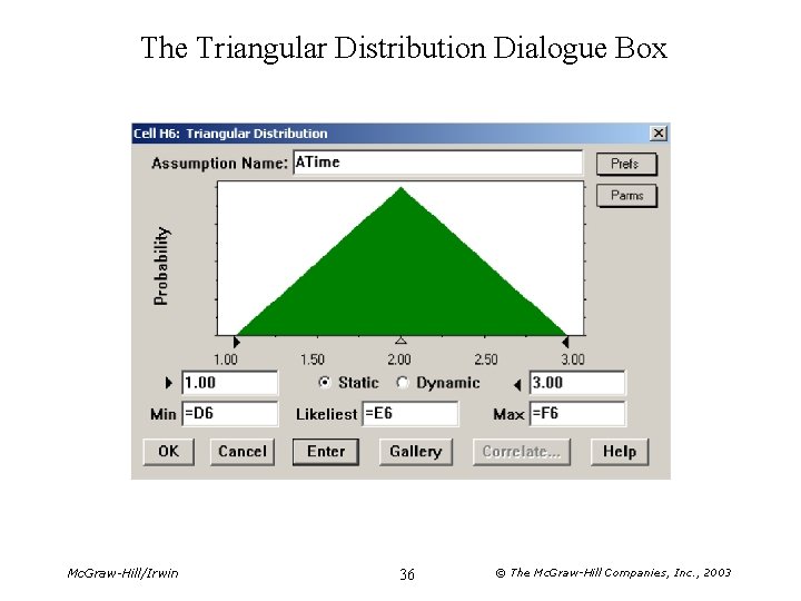 The Triangular Distribution Dialogue Box Mc. Graw-Hill/Irwin 36 © The Mc. Graw-Hill Companies, Inc.