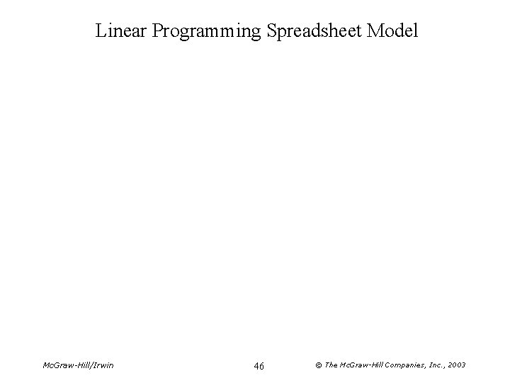 Linear Programming Spreadsheet Model Mc. Graw-Hill/Irwin 46 © The Mc. Graw-Hill Companies, Inc. ,