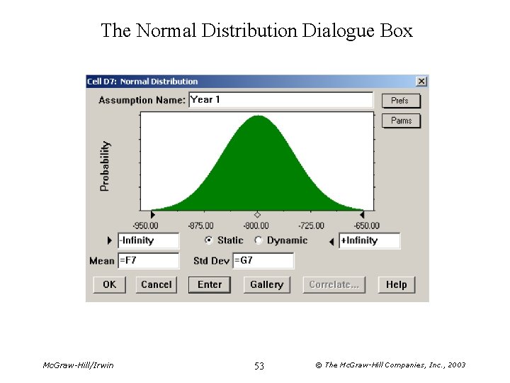 The Normal Distribution Dialogue Box Mc. Graw-Hill/Irwin 53 © The Mc. Graw-Hill Companies, Inc.