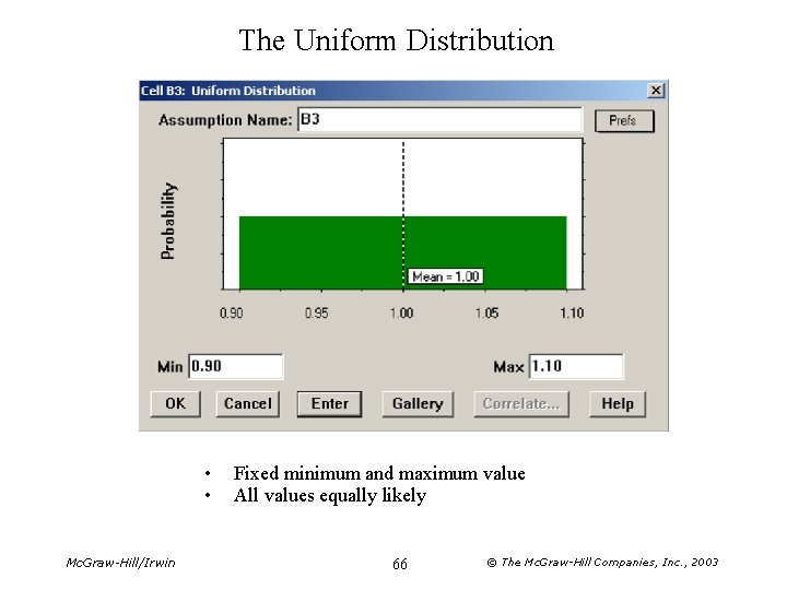 The Uniform Distribution • • Mc. Graw-Hill/Irwin Fixed minimum and maximum value All values