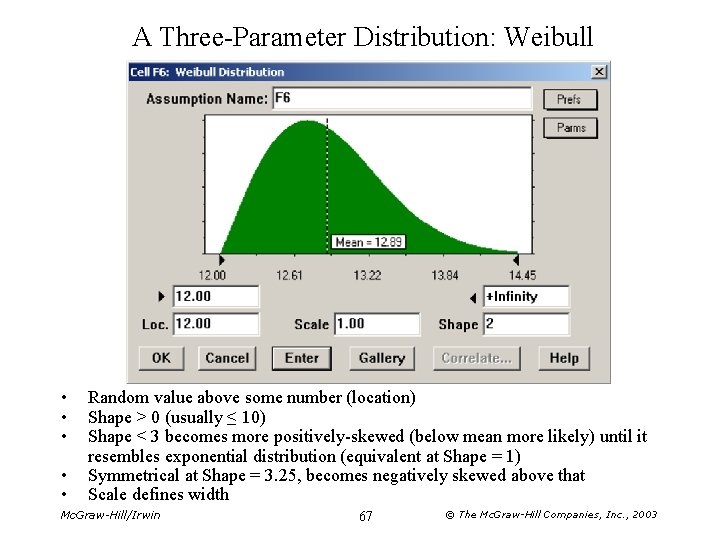 A Three-Parameter Distribution: Weibull • • • Random value above some number (location) Shape