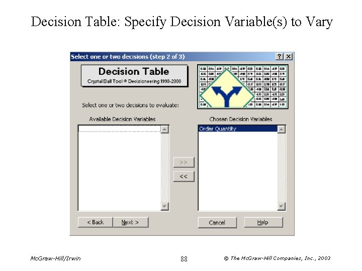 Decision Table: Specify Decision Variable(s) to Vary Mc. Graw-Hill/Irwin 88 © The Mc. Graw-Hill