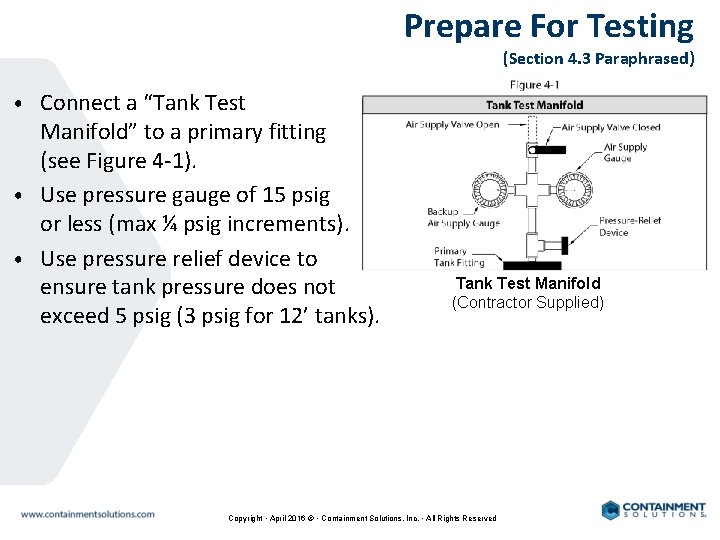 Prepare For Testing (Section 4. 3 Paraphrased) • Connect a “Tank Test Manifold” to