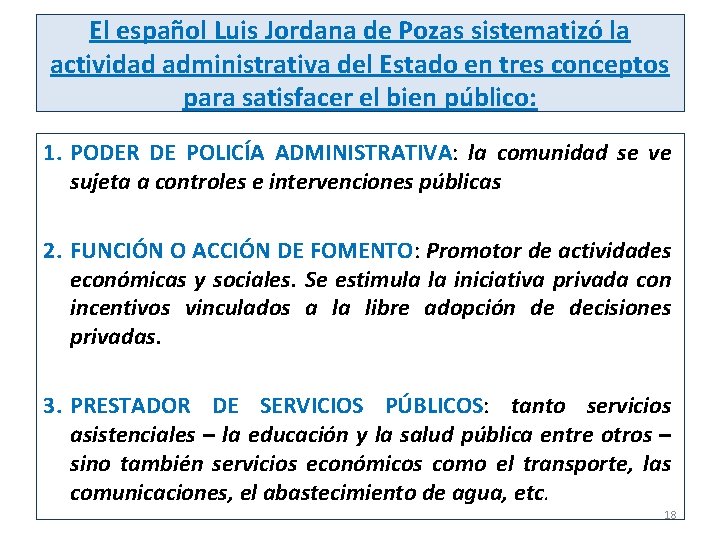 El español Luis Jordana de Pozas sistematizó la actividad administrativa del Estado en tres