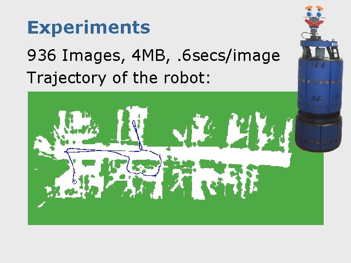 Experiments 936 Images, 4 MB, . 6 secs/image Trajectory of the robot: 