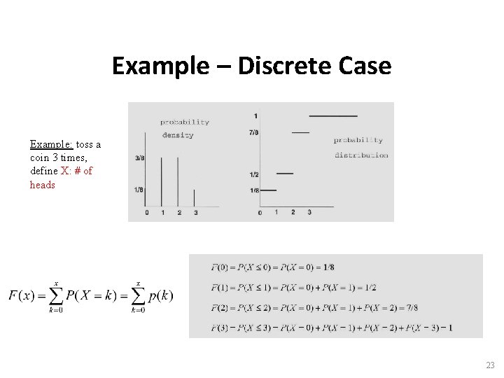Example – Discrete Case Example: toss a coin 3 times, define X: # of