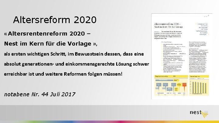 Altersreform 2020 « Altersrentenreform 2020 – Nest im Kern für die Vorlage » ,