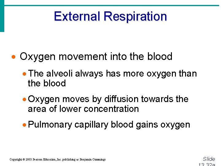 External Respiration · Oxygen movement into the blood · The alveoli always has more