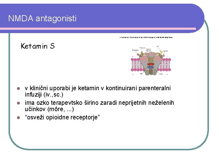 NMDA antagonisti Ketamin S v klinični uporabi je ketamin v kontinuirani parenteralni infuziji (iv.