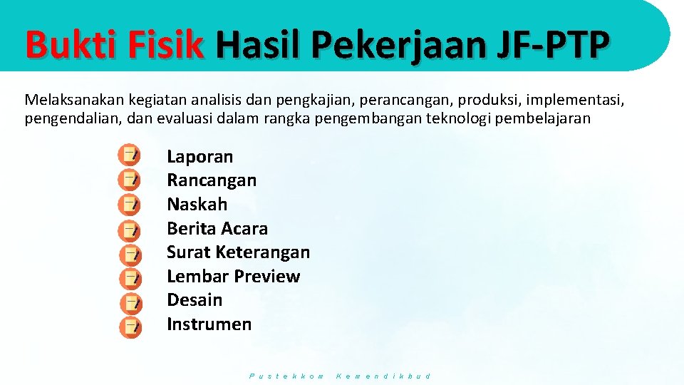 Bukti Fisik Hasil Pekerjaan JF-PTP Melaksanakan kegiatan analisis dan pengkajian, perancangan, produksi, implementasi, pengendalian,