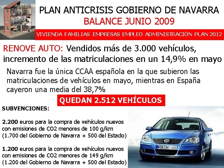 PLAN ANTICRISIS GOBIERNO DE NAVARRA BALANCE JUNIO 2009 VIVIENDA FAMILIAS EMPRESAS EMPLEO ADMINISTRACIÓN PLAN